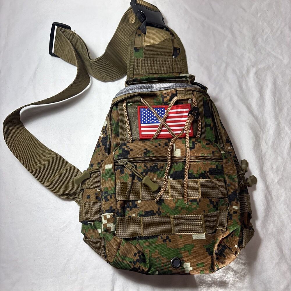 NWOT Digital Woodland Camo Tactical Sling Bag MOLLE Shoulder Chest Pack US Flag